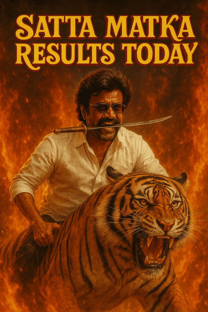 dramatic digital painting of Indian actor Rajinikanth riding a roaring Bengal tiger through a wall of fire, holding a curved sword clenched between his teeth, with the bold title ‘SATTA MATKA RESULTS TODAY’ displayed across the top